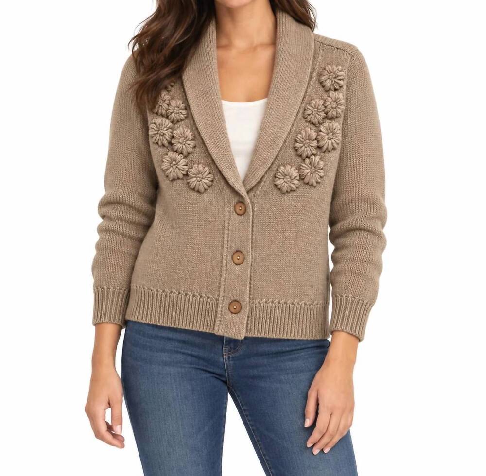 NEW DEMOCRACY long sleeve shawl collar embroidered cardigan in straw